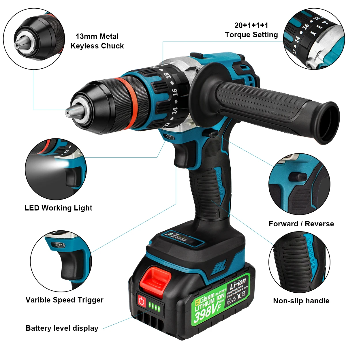 Gisam 480 N.M Electric Impact Drill Screwdriver Rotary Hammer Brushless Drill fo