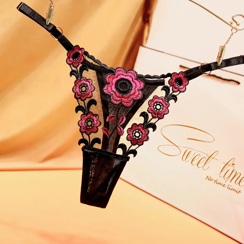 Glamour black see-through tulle sexy thong women's mood embroidery Breathable fa