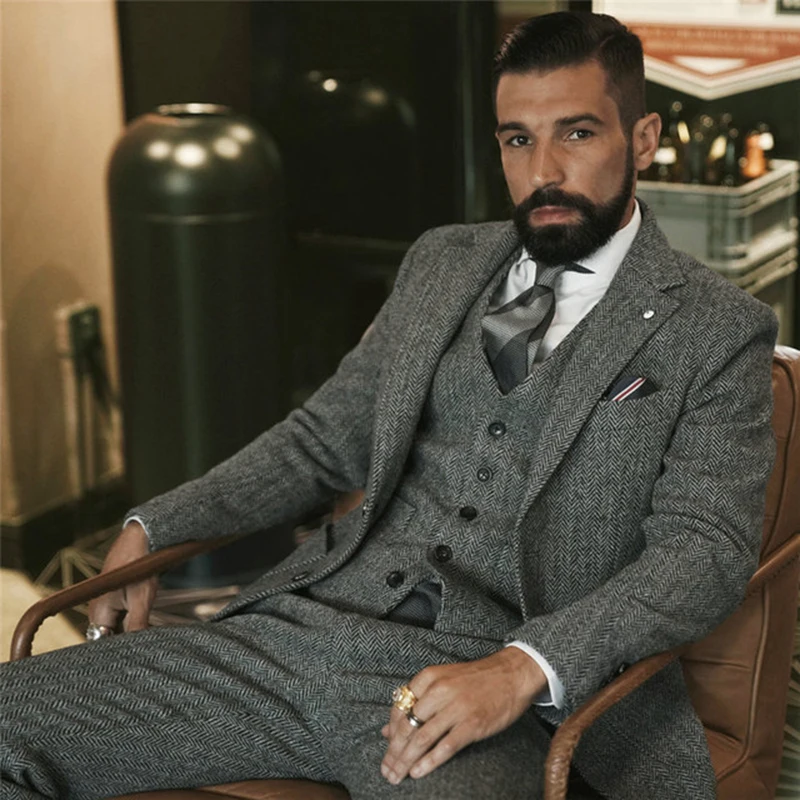 Grey Herringbone Men Suit Tweed British Style Slim Fit Blazer Wedding/Business S
