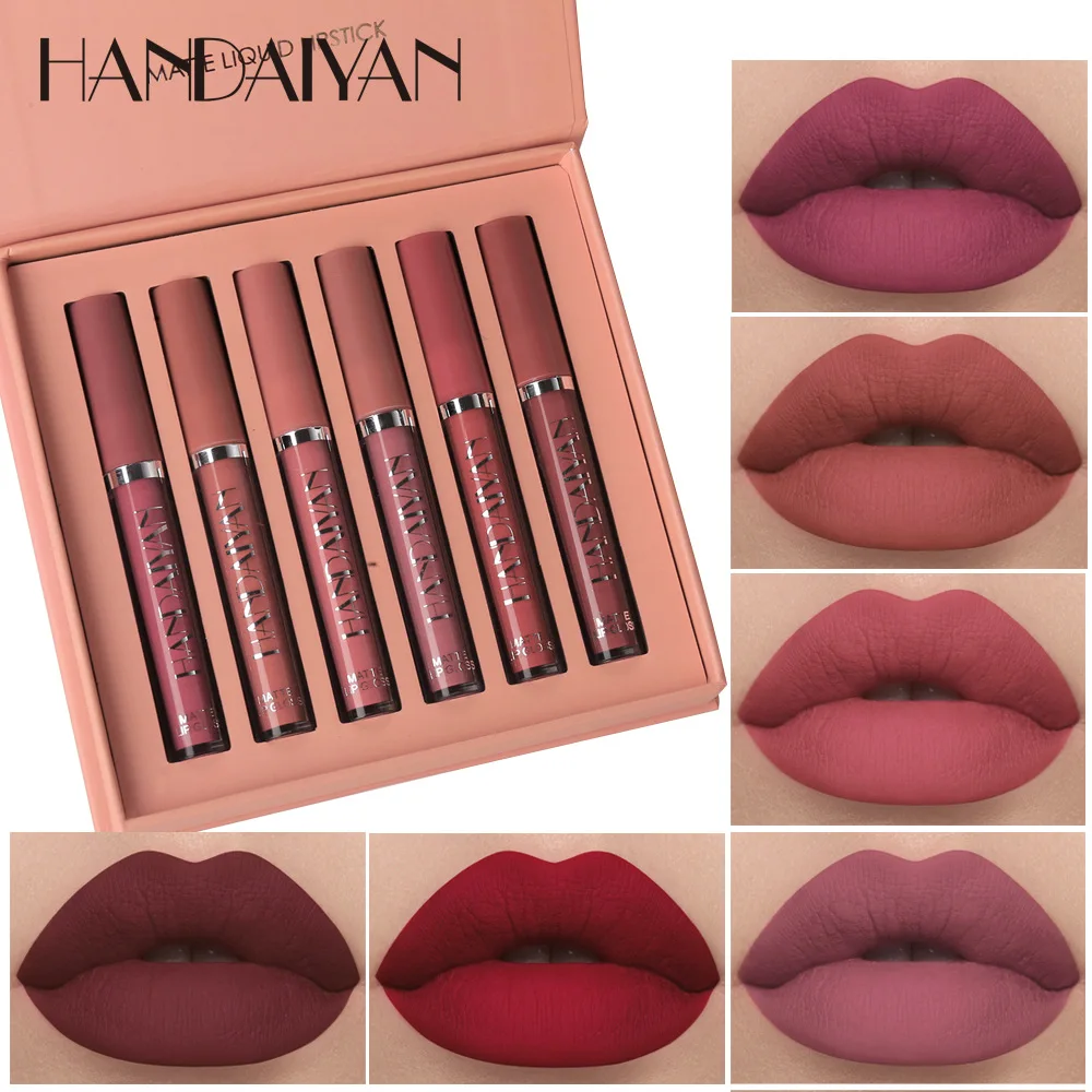 HANDAIYAN 6Pcs Liquid Velvet Matte Lip Gloss Red Lipstick Nude Makeup Women Long