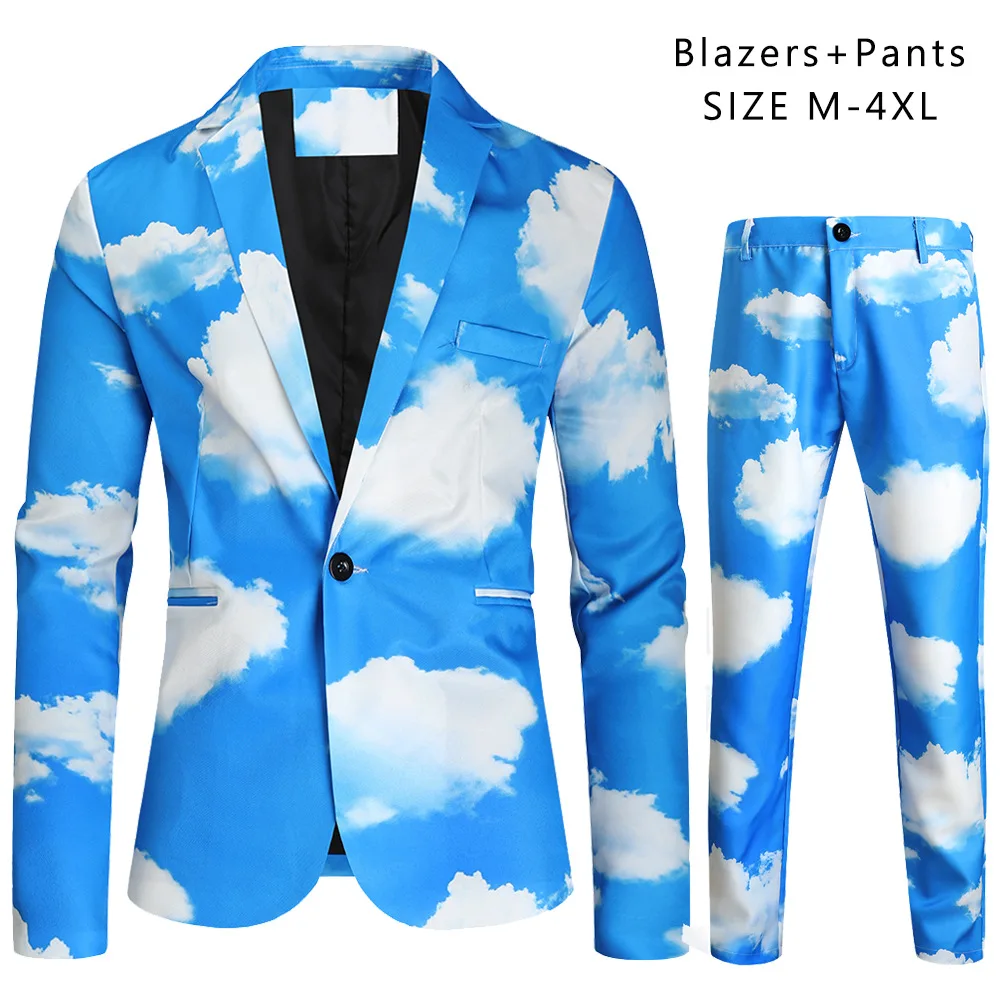 HOO Autumn New Men's Blue Sky White Clouds Printed Suit Two Pieces