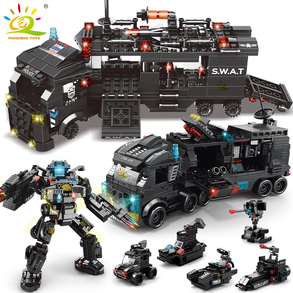 HUIQIBAO 454-585PCS 8in1 SWAT Police Command Truck Building Blocks City Helicopt