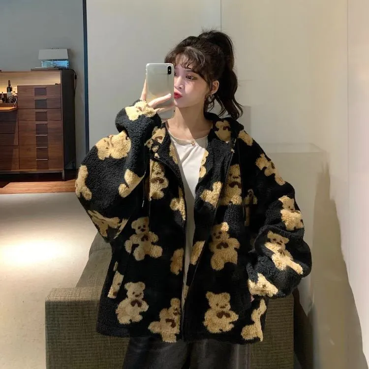Harajuku Bear Teddy Print Plush Jacket Women Winter 2022 Female Korean Fluffy Ho