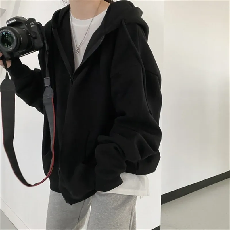 Harajuku Women Sweatshirts Korean Version Oversized Solid Zip Up Hoodies Jacket 