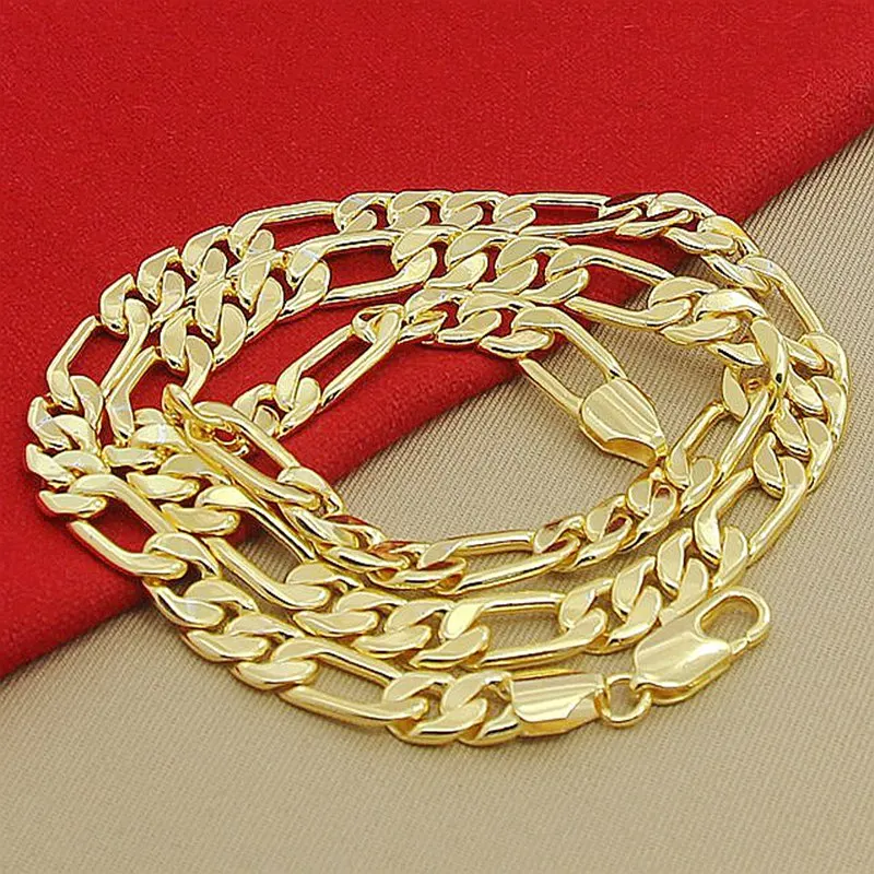 High Quality Men's 8mm 24'' 60cm Gold Necklace 24k Yellow Gold Color Figaro Chai