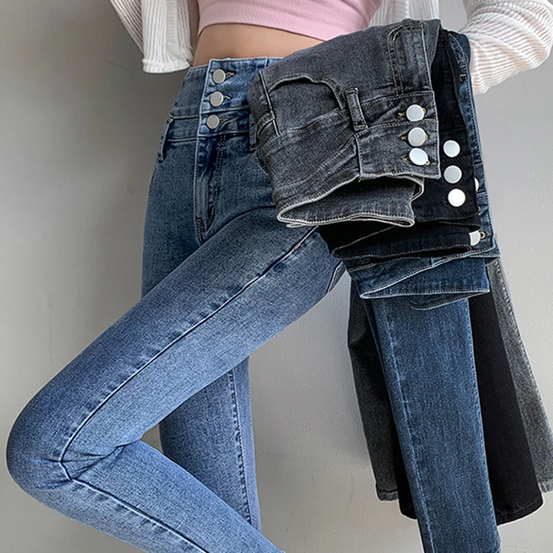 High Waist Elastic Fashion Multi Button Popular Denim Jeans for Women's Slim and