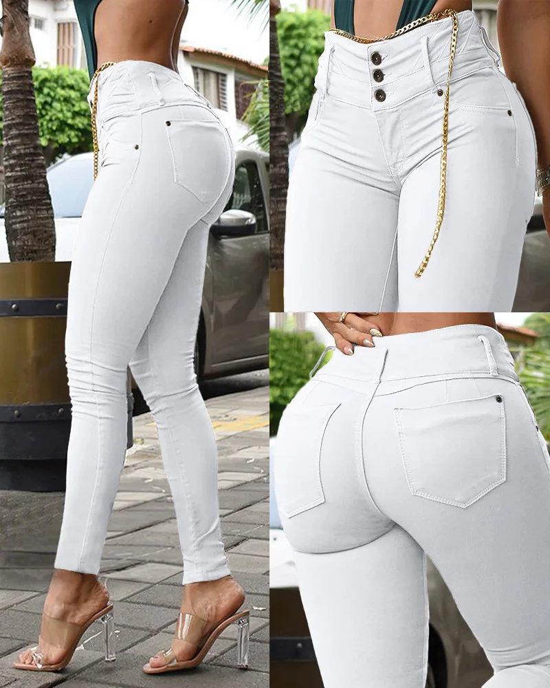 High Waist Skinny Pants Women Long Pants Button High Waist Elastic Trousers Penc