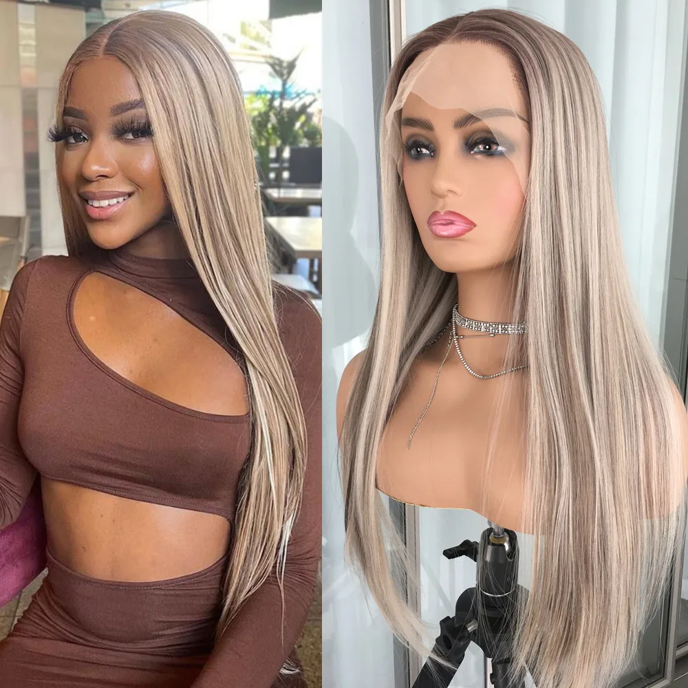 Highlight Blonde Platinum Straight Lace Front Wig Synthetic Hair for Women Gluel