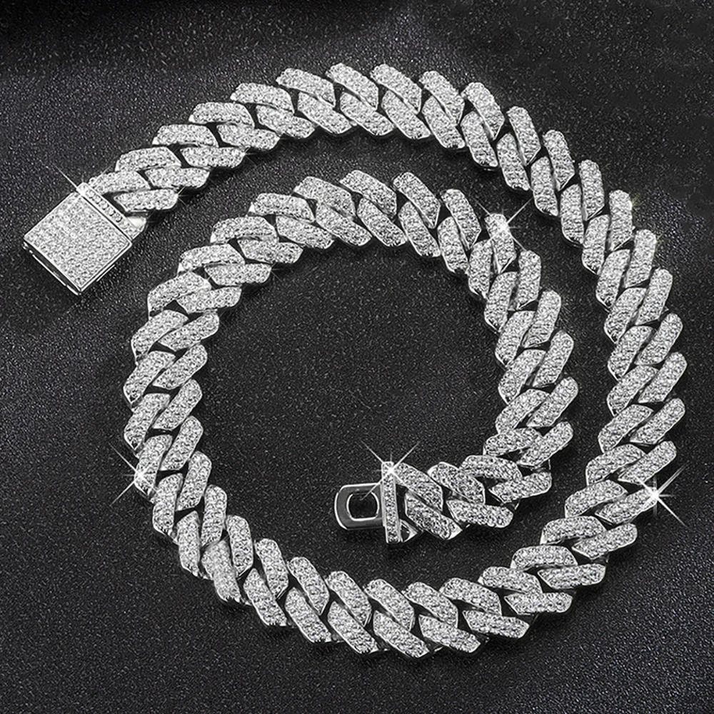 Hip Hop Shiny 15MM Cuban Link Chain Necklace Women Men Silver Color Rhinestone I