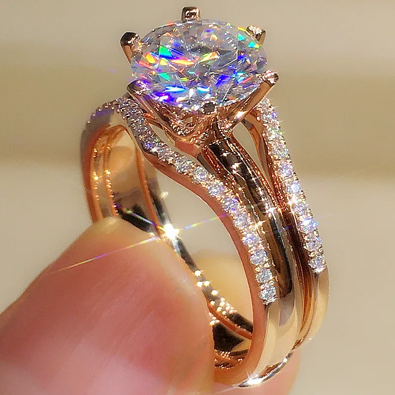 Huitan Unique Rose Gold Color Rings for Women Classic 6 Claws Designed Cubic Zir