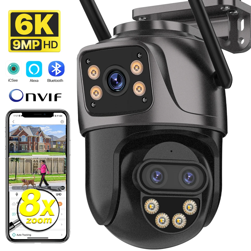 IP Camera 6K 9MP HD WiFi Outdoor Camera 8x Zoom Three Lens Dual Screen Home Secu