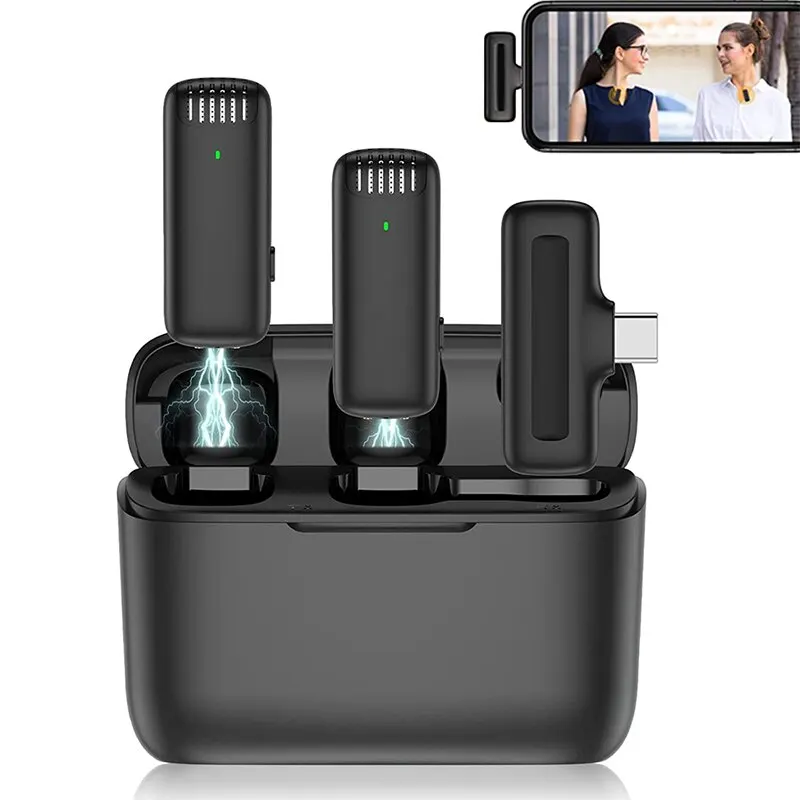 Wireless Lavalier Microphone with Charger Case Portable Audio Video Receiver Min