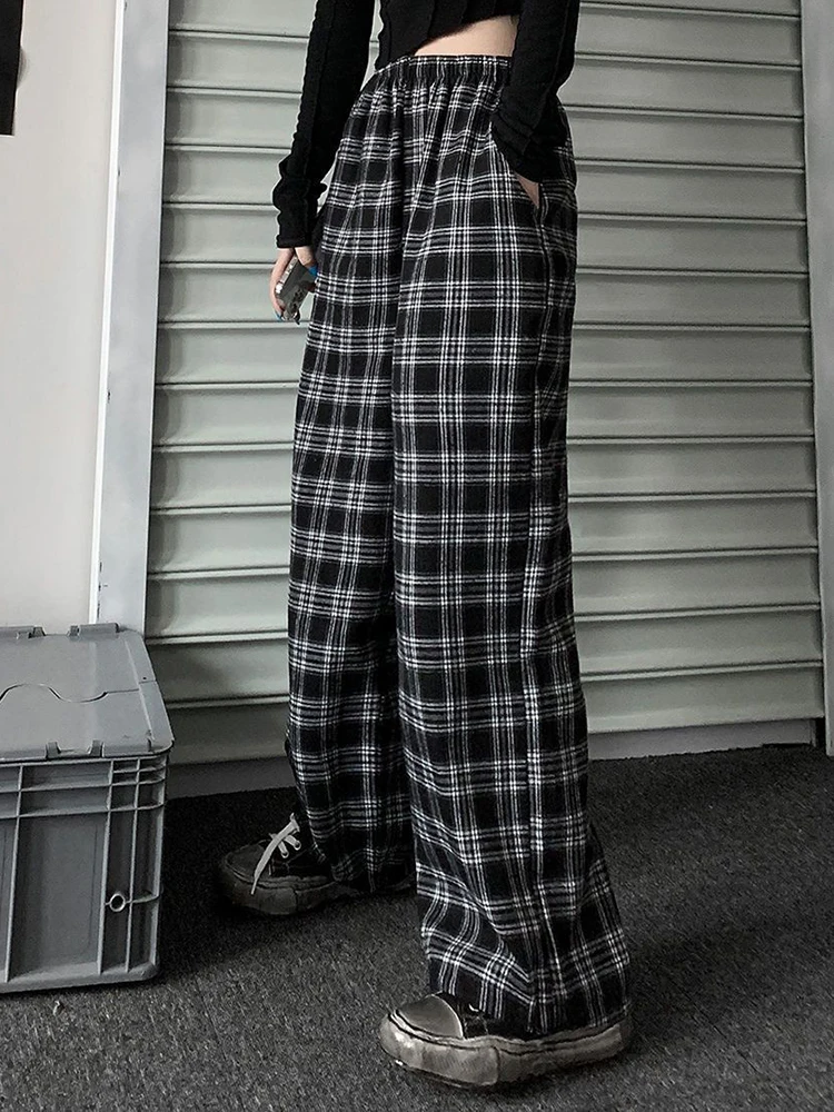 Jmprs Oversize Women Sweatpants Summer Fashion Black Plaid Casual Pants Elastic 