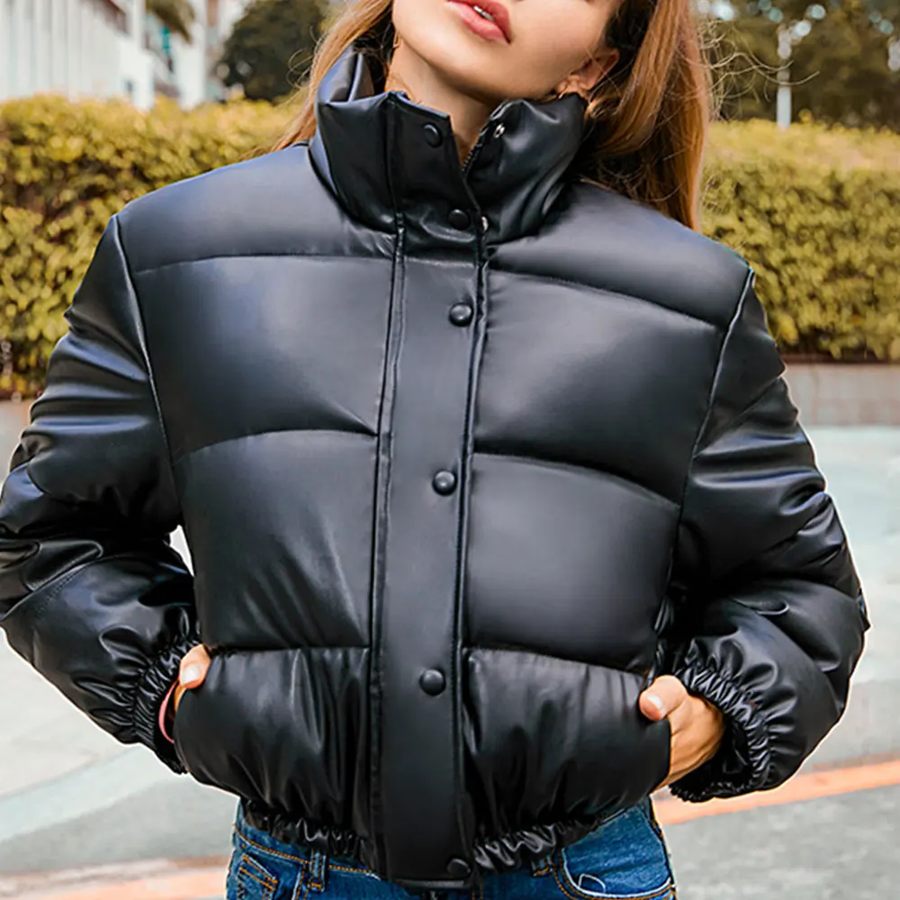 Jocoo Jolee Winter Thick Warm Cropped Puffer Jacket Women Black PU Leather Parka
