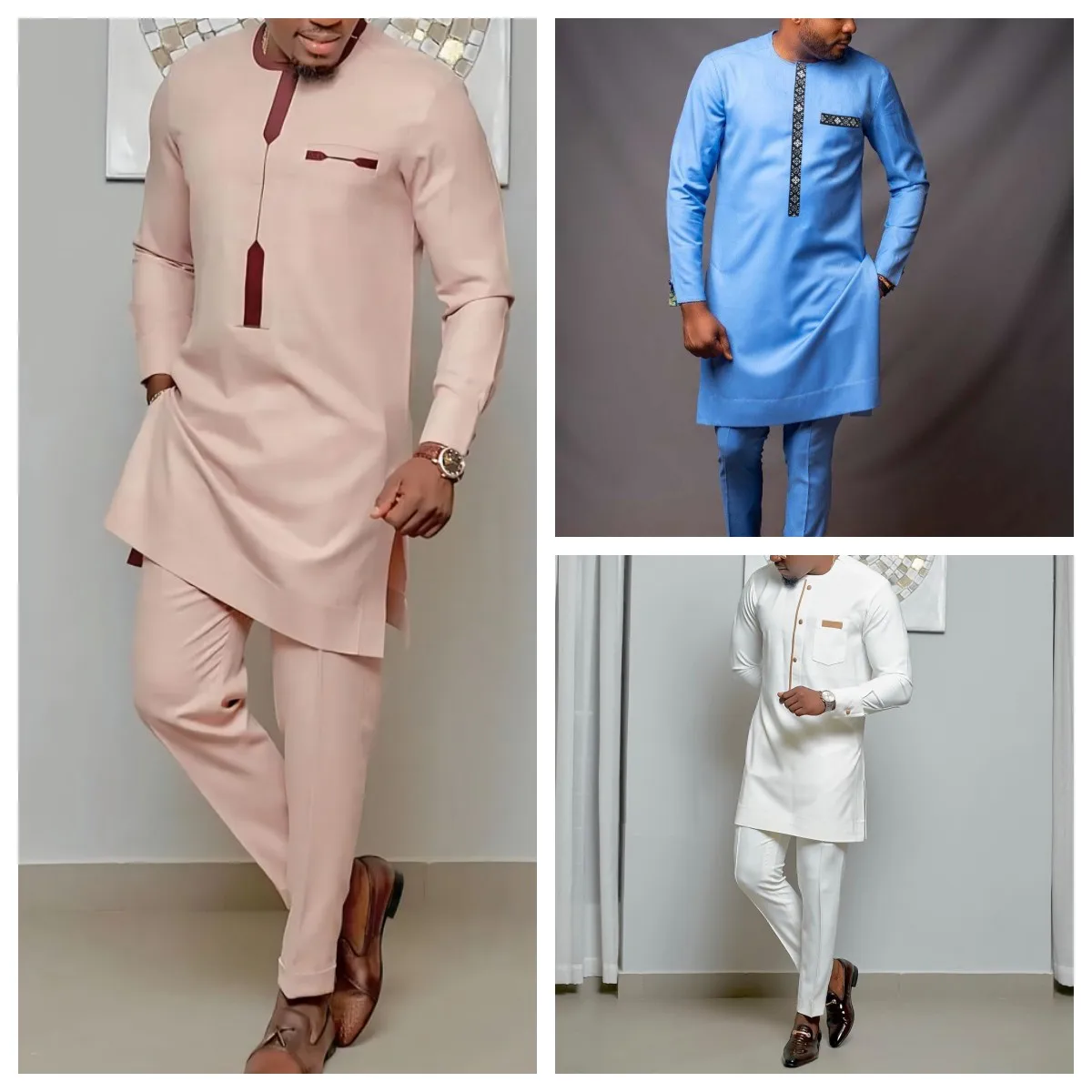 Kaftan Elegant African Men's Set 2 Pieces Outfits Long Sleeve Ethnic Tops and Pa