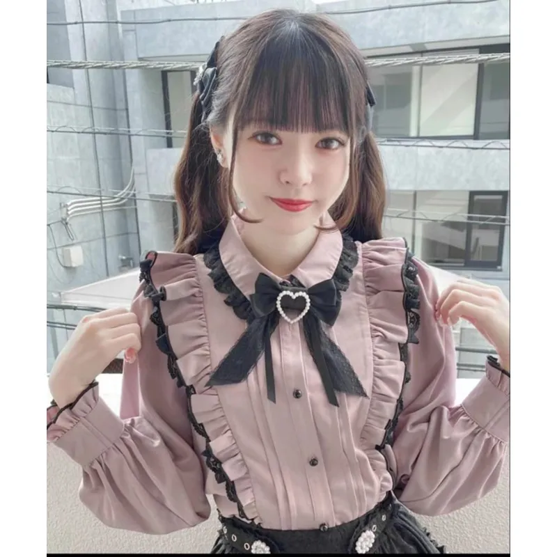 Kawaii Women Shirts Lolita Y2K Cute Japanese Style Blouse Elegant Long Sleeve Sw