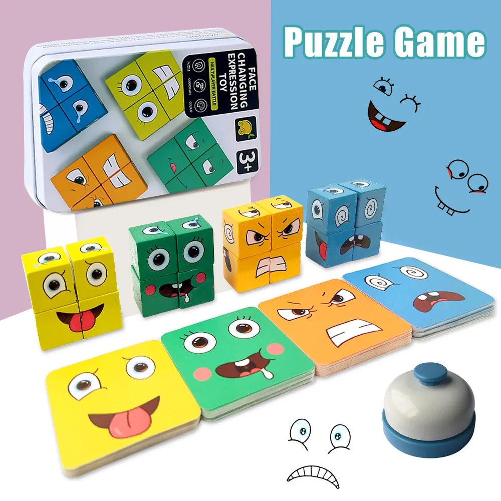 Kids Face Change Cube Game Montessori Expression Puzzle Building Blocks Toys Ear