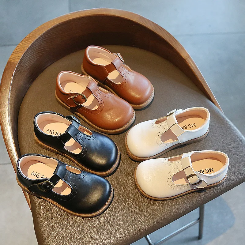 Kids T Strap Leather Shoes Girls Princess Shoes Boys Breathable Flats Mary Janes