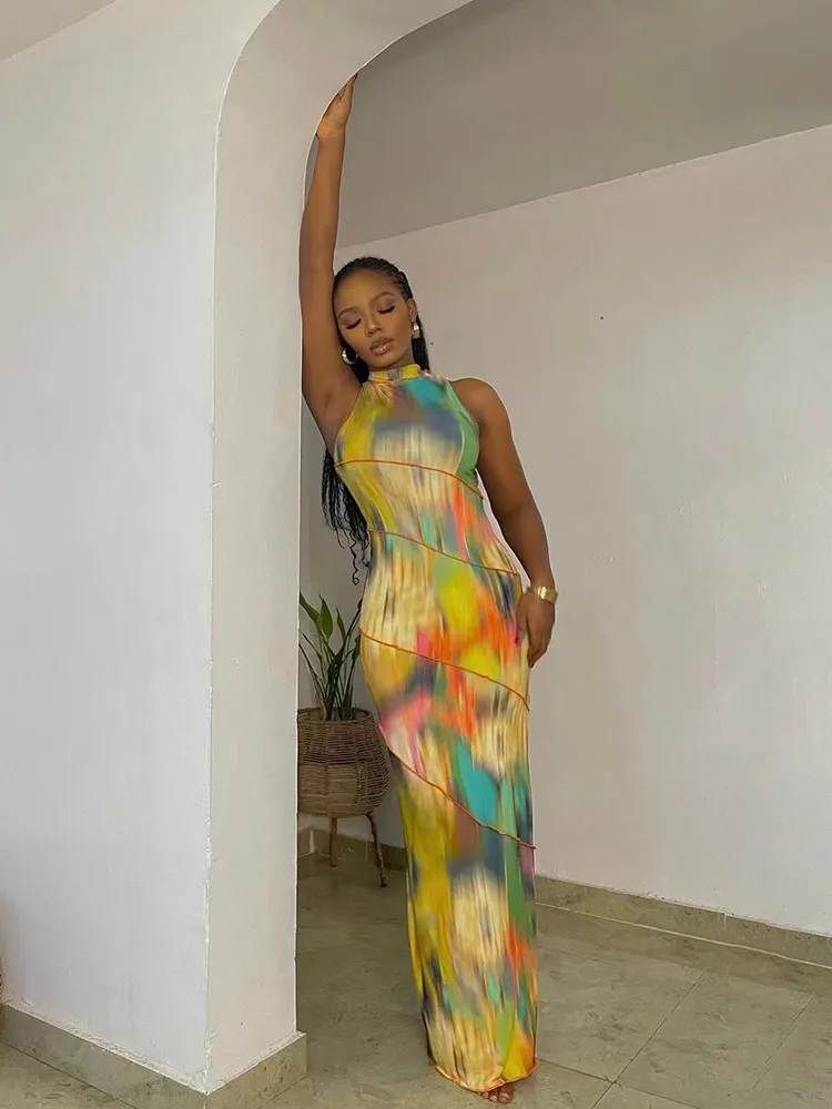 Kliou Aesthetic Colorful Tie Dry Maxi Dress Women Sleeveless Ruched Slim Bodycon