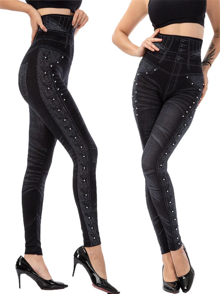 LJCUIYAO Push Up Seamless High Waist Faux Denim Jean Leggings Women Elastic Jegg
