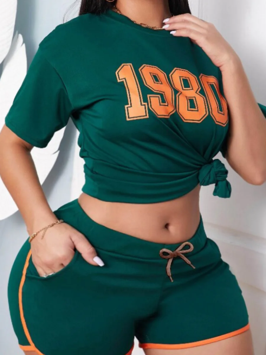 LW Plus Size Two Pieces Letter Print Striped Shorts Set O Neck TOPS+PANTS Sporty