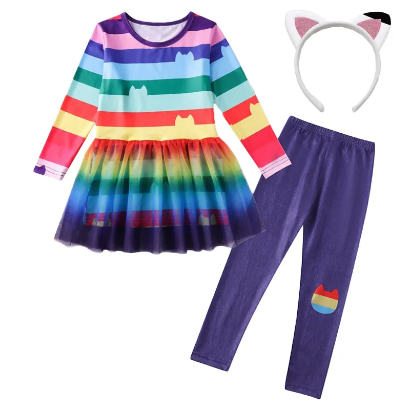 Girls Dresses+Pants Sets Autumn Clothes Children Cats Cosplay Costume Kids Birth