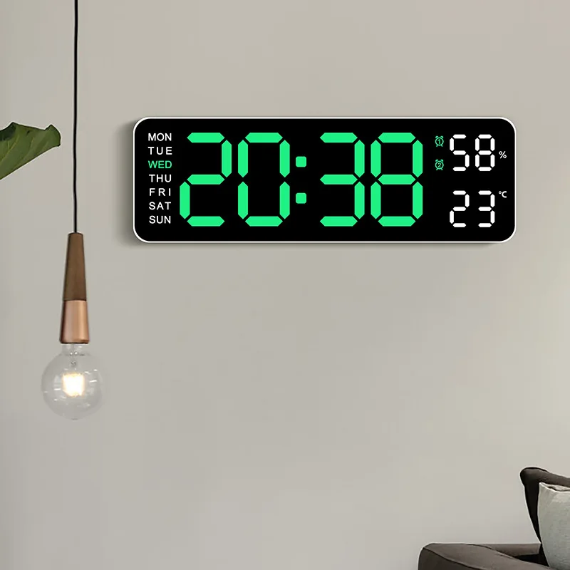 Large Digital Wall Clock 9 Inch Temperature Humidity Week Display Auto Dimmable 