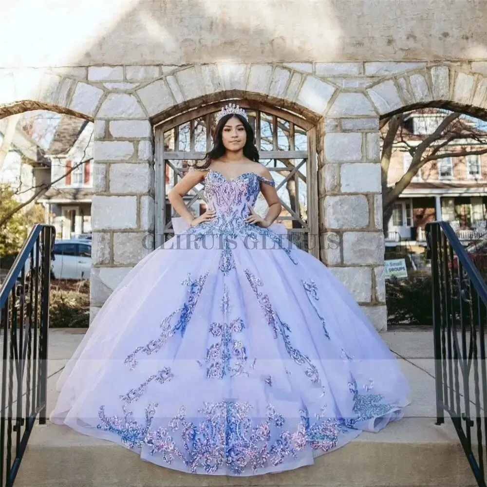 Lavender Quinceanera Dress Off The Shoulder Appliques Sequins Bow Princess Sweet