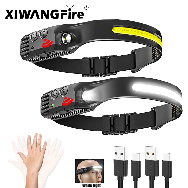 Led Sensor Headlamp USB Rechargable Head Flashlight 18650 Built-in Battery 5 Lig