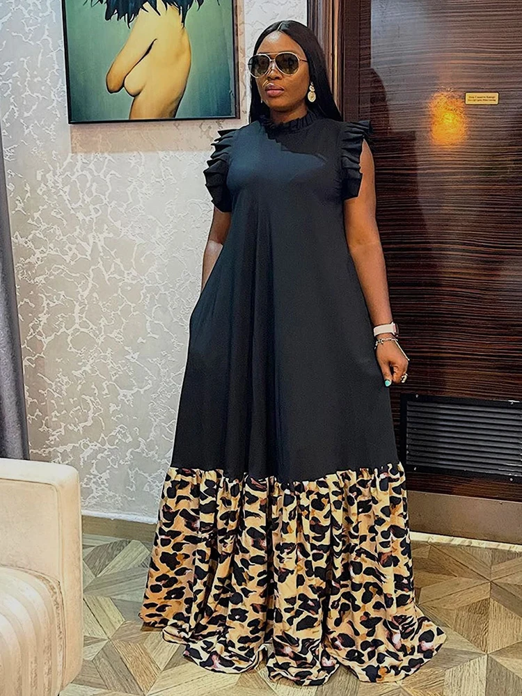 Long African Maxi Dress Women Leopard Print Patchwork Robes Africa Clothing Summ
