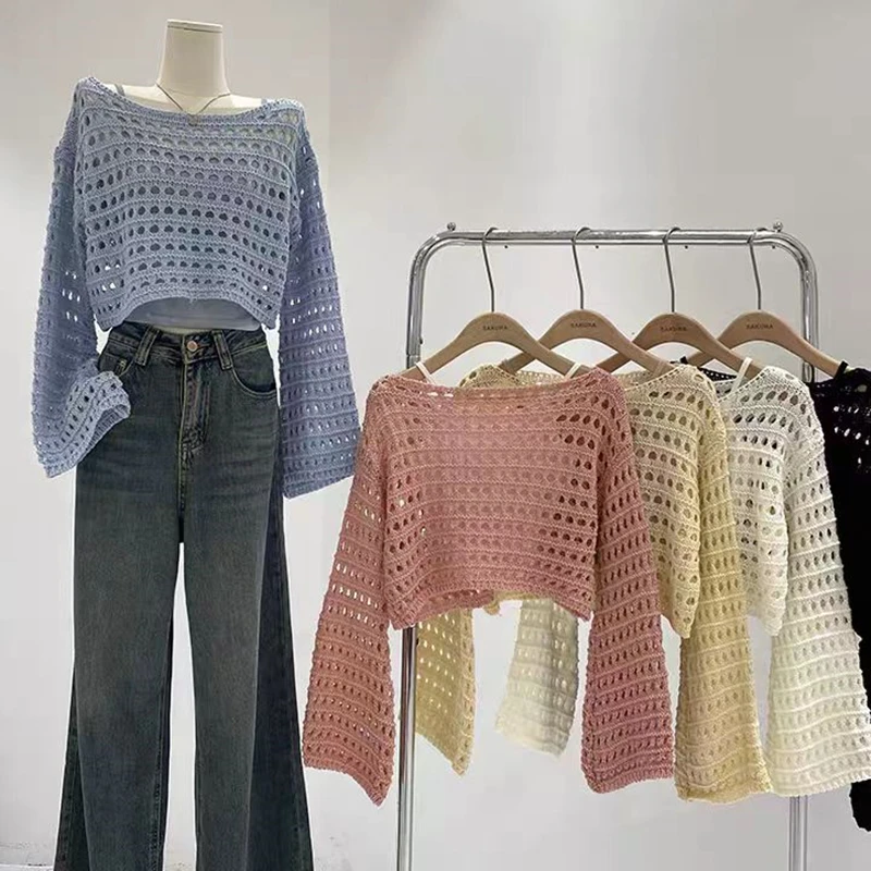 Long Sleeve Crochet Knit Top Summer Beach Bikini Cover Up Crop Pullover Wool Kni