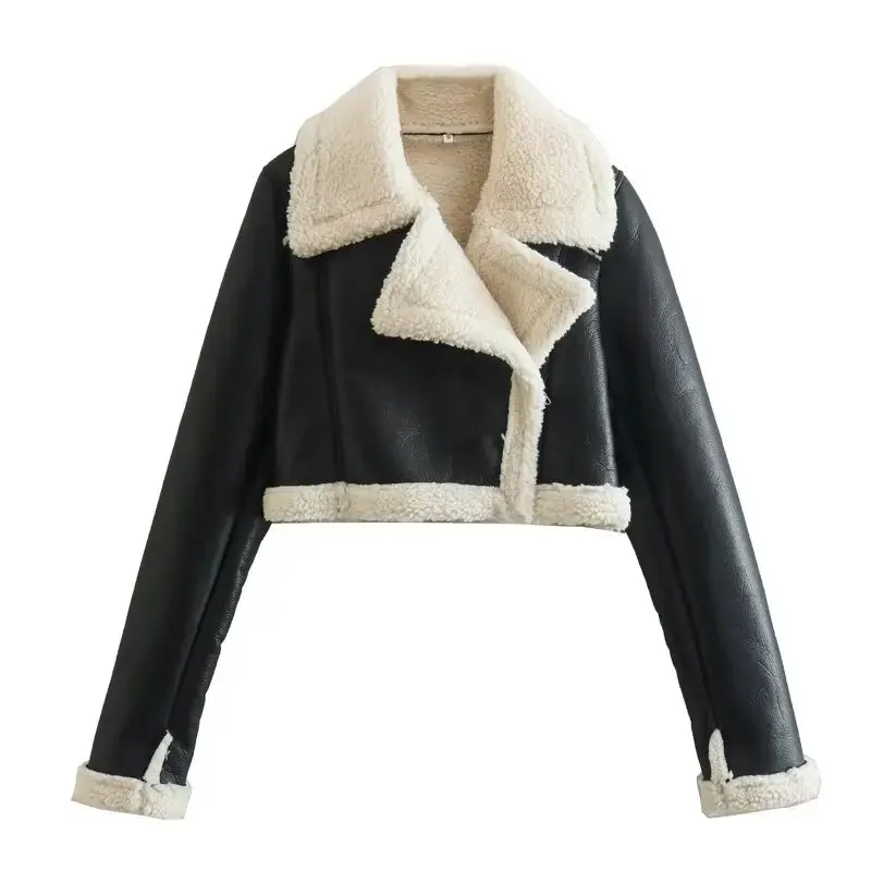 MESTTRAF Women 2023 Sexy Y2K Faux Leather Shearling Jacket Coat Vintage Long Sle