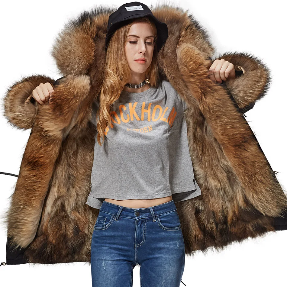 Maomaokong Natural Real Fur Lining Winter Women Jacket Long Fox Fur Coat Raccoon