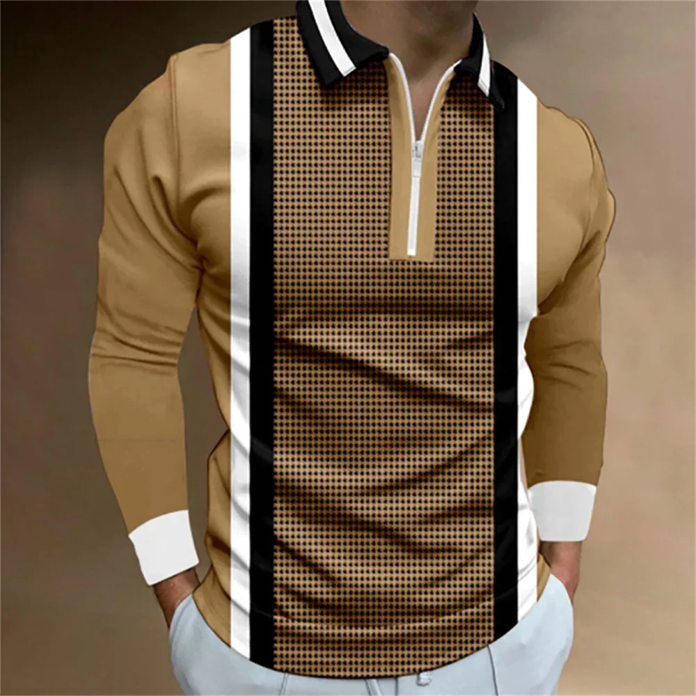 Men Long Sleeve Zipper Polo Shirt , Spring Autumn New 3D Digital Print Sport Top