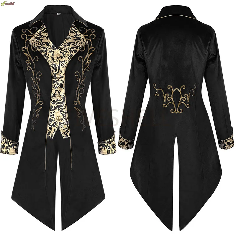 Men Medieval Red Gold Cosplay Steampunk Costume Velet Stand Collar Tailcoat Goth