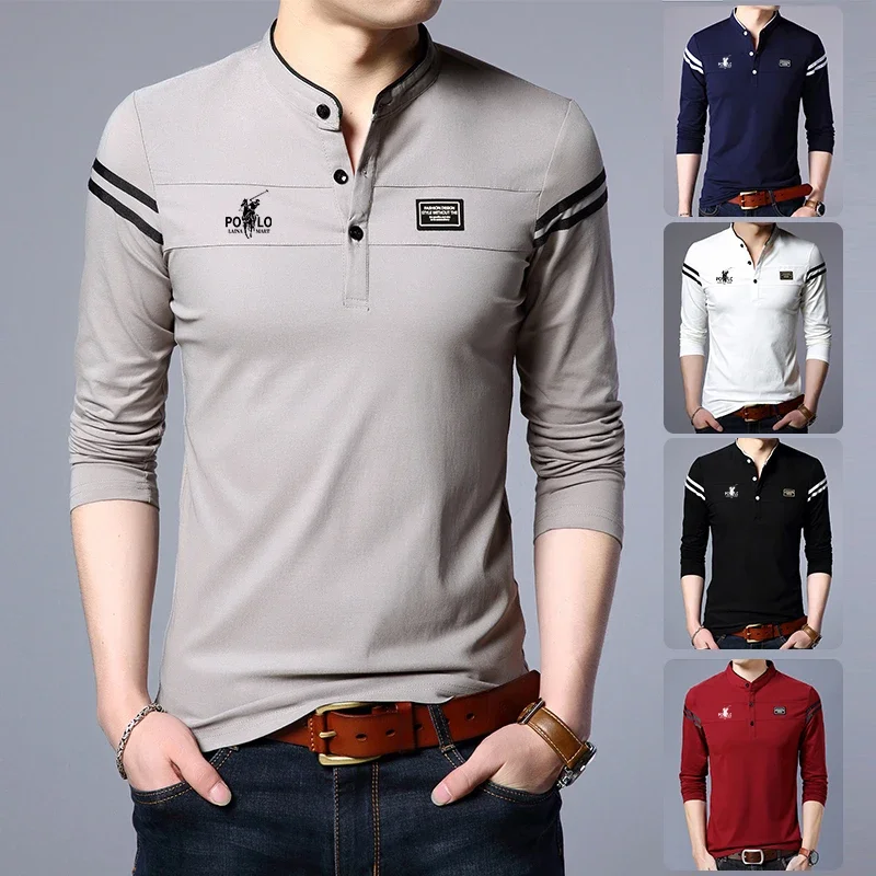Men's Fashion Long sleeved POLO Shirt Casual Cotton Breathable Top Stand up Coll
