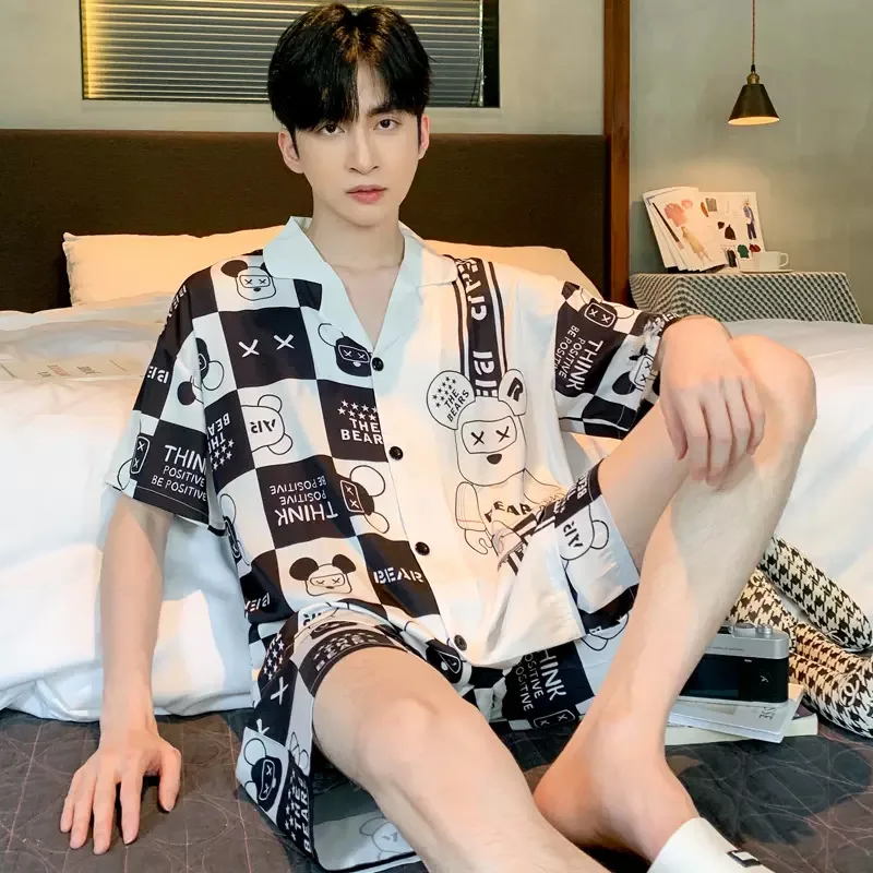 Men's Two-Piece Pajamas Summer New Ice Silk Men's Pajamas Short-Sleeved Shorts T