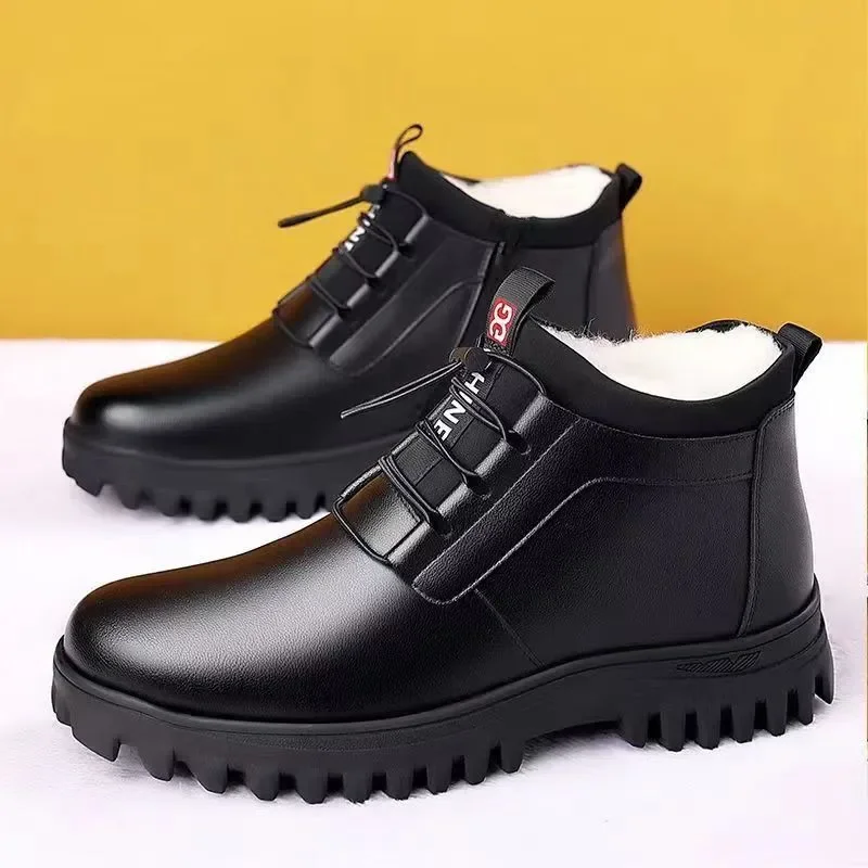 Men's Winter Leather Shoes New Fashion Plush Warm Comfortable Anti slip Business