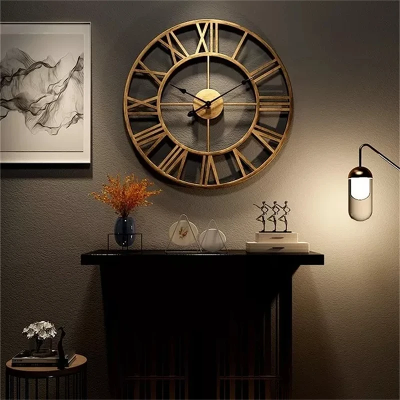 Modern 3D Large Wall Clocks Roman Numerals Retro Round Metal Iron Accurate Silen