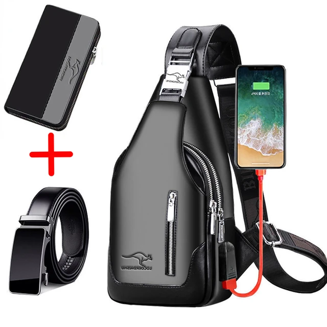 NEW Leisure Men's Chest Bag Business Shoulder Bag PU Leather Handbag with USB Ch