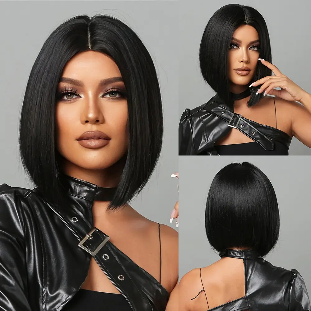 Natural Hairline Hair For Black Women Short Straight Bob Middle Part Heat Resist