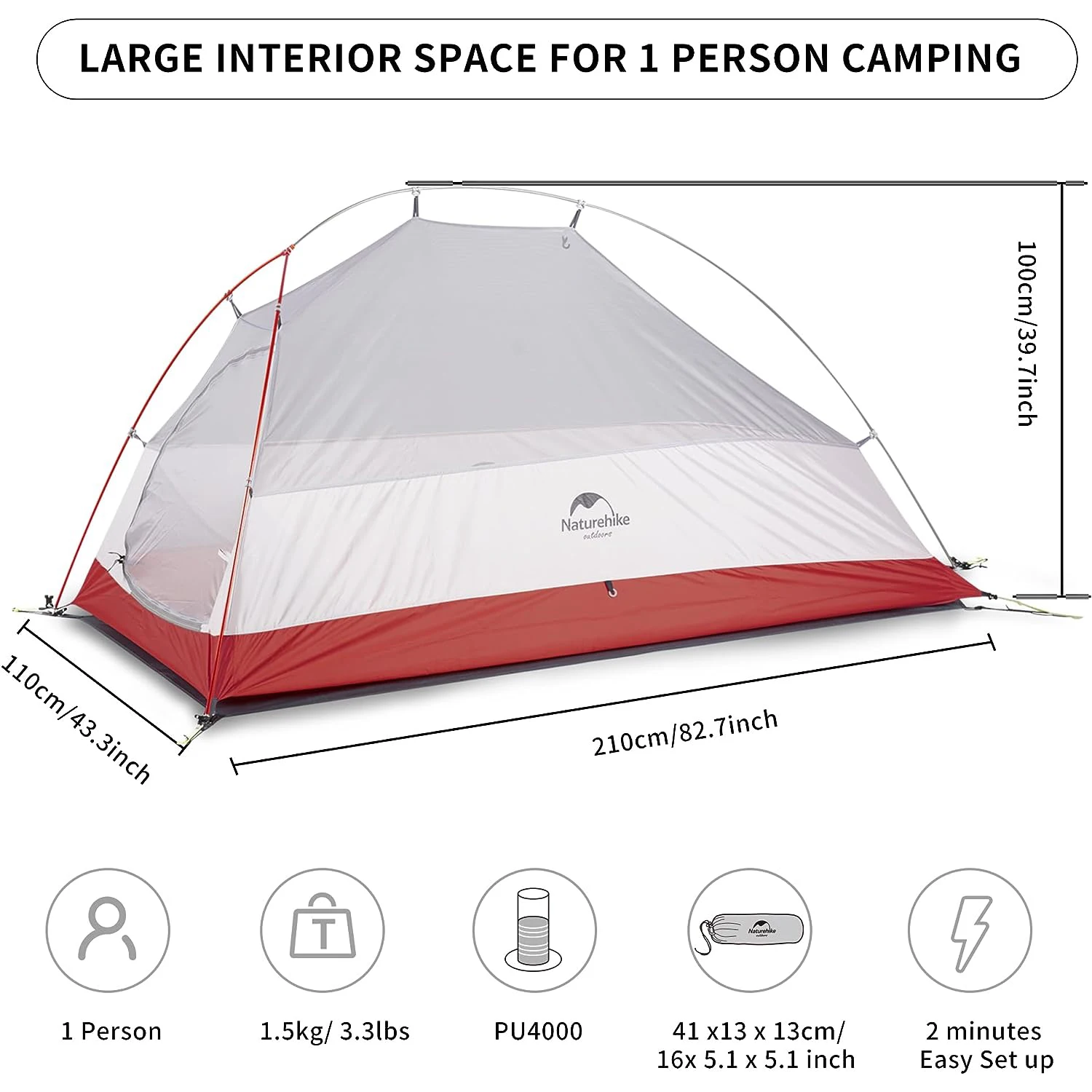 Naturehike Camping Tent Ultralight Portable Cloud Up 1 Person Shelter Tent Foldi