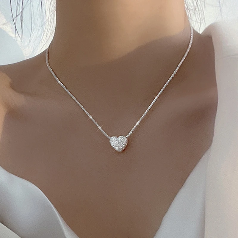 New 925 Sterling Silver Girls Hammer pattern Love Necklace Simple Heart shaped P