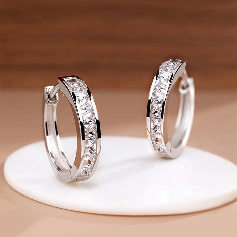 New 925 Sterling Silver Shining Zircon Earrings Women's Circle Round Earrings Fa