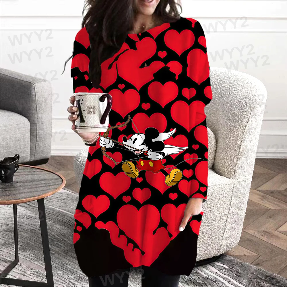 New Disney Mickey and Minnie Print Women's Fashion Pocket Long Sleeve Shirt Spri