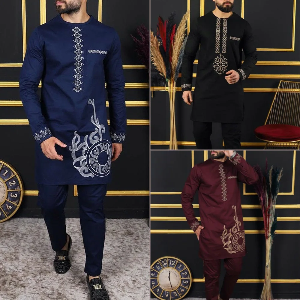 New In Dashiki 2 Pieces Sets Abaya Men's Clothing Shirt Pant Set Long Sleeve Ele