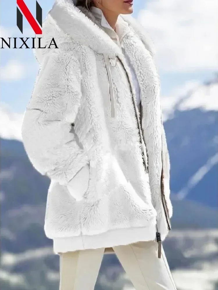 New In Spring Autumn Women's Coats and Jackets Loose Plush Zipper Hooded Jacket 