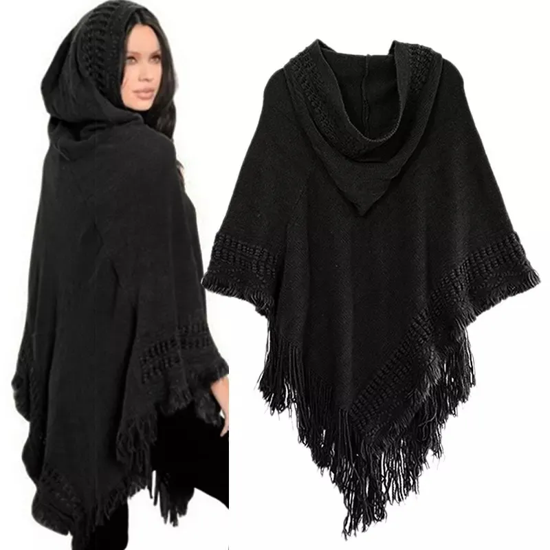 Women Ladies Tassel Cape Coat Fringe Poncho Oblique Stripe Coat Bohemian Shawl S