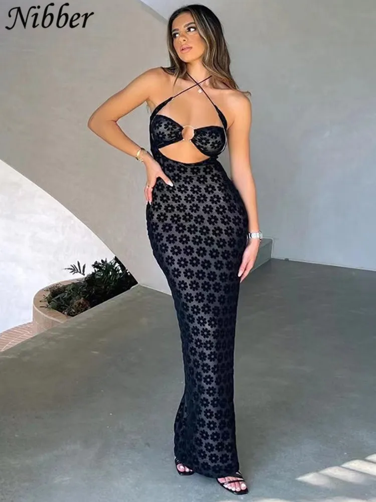 Nibber Solid Color Hanging Neck Maxi Dress Sexy Hollow Women Perspective Bag Hip