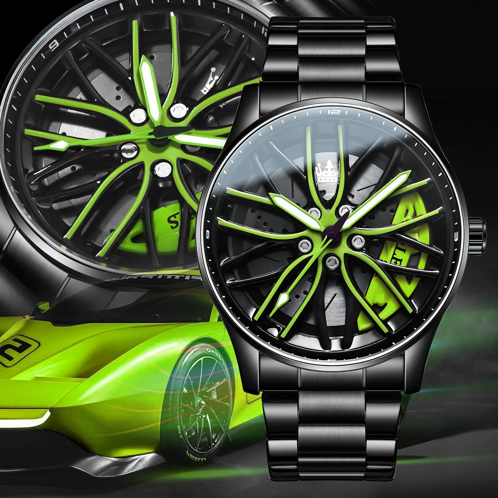 OLEVS Wheel Hub Watch for Men 360° Rotary Dial Sport Car Rim High Quality Luxury